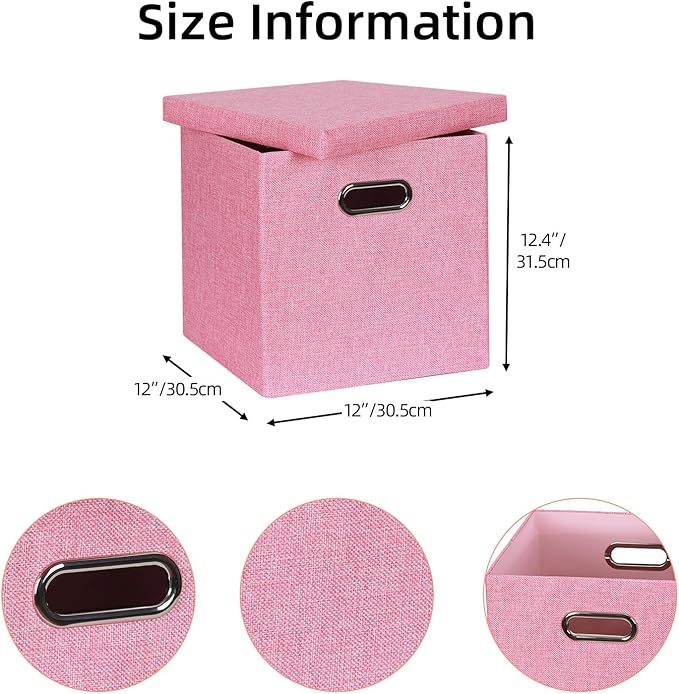 Storage Bins with Lids, Collapsible Linen Fabric Boxes Organizer Containers with Lid Foldable Storage Box Basket for Closet, Shelves, Home, Office, 12 x 12 x 12.4 Inch, 4 Pack, Pink