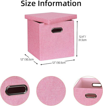 Storage Bins with Lids, Collapsible Linen Fabric Boxes Organizer Containers with Lid Foldable Storage Box Basket for Closet, Shelves, Home, Office, 12 x 12 x 12.4 Inch, 4 Pack, Pink