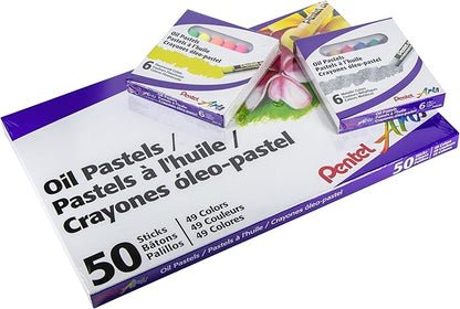 Pentel Arts Oil Pastels - 50 Color Set with Metallic and Fluorescent Packs, 3pk Set