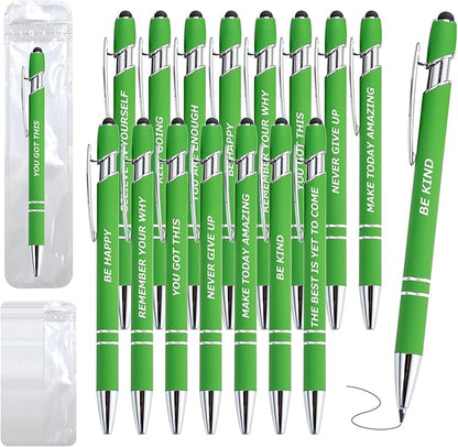 200 Piece Inspirational Pens Kit with Stylus Tip & Sayings – 100 Motivational Pen + 100 Individual Bags – Uplifting Quote & Positive Ideas – For Teachers, Office, School, Meetings (Christmas Green)