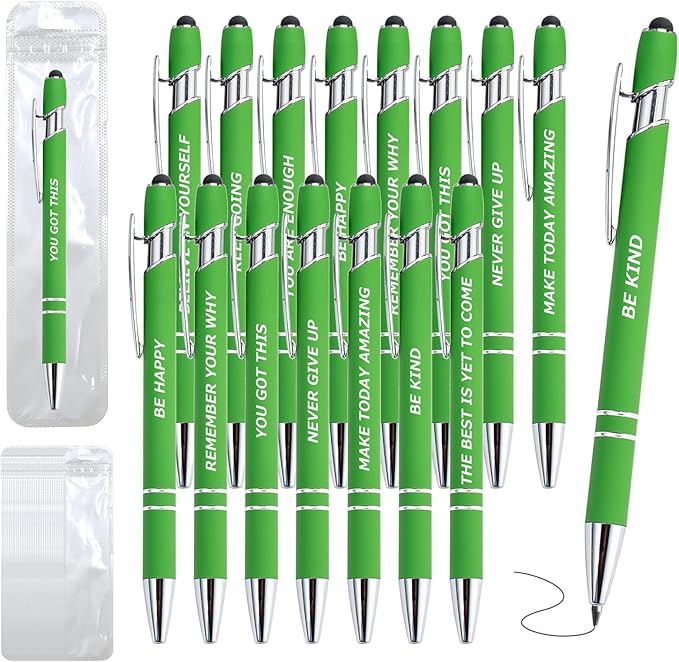 20 Piece Inspirational Pens Kit with Stylus Tip & Sayings – 10 Motivational Pen + 10 Individual Bags – Uplifting Quote & Positive Ideas – For Teachers, Office, School, Meetings, Team (Christmas Green)