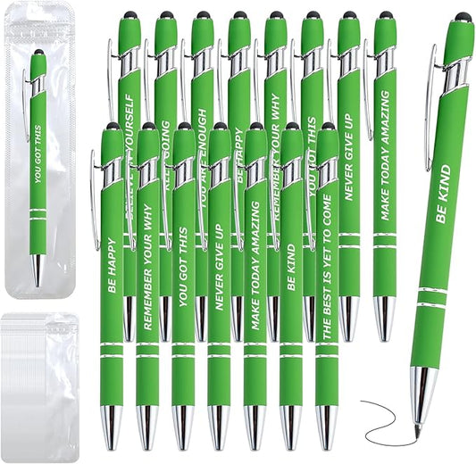 20 Piece Inspirational Pens Kit with Stylus Tip & Sayings – 10 Motivational Pen + 10 Individual Bags – Uplifting Quote & Positive Ideas – For Teachers, Office, School, Meetings, Team (Christmas Green)