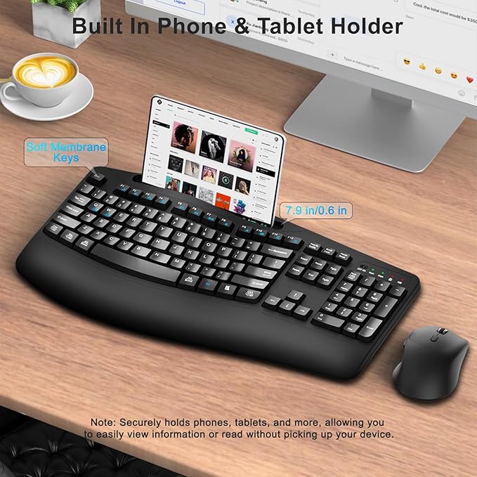 Wireless Keyboard and Mouse Combo, 2.4G Full Size Wave Keys Ergonomic Keyboard with Wrist Rest, Phone Holder, 3-Level DPI Wireless Silent Mouse with 6-Buttons, for Windows, Mac OS, Laptop, PC (Black)