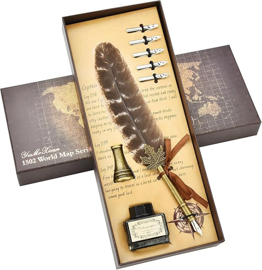 Hethrone Feather Pen and Ink Set - Calligraphy Quill Pen Set Includes Dip Pen, 5 Replacement Nibs and Pen Holder for Writing Lovers (Brown)