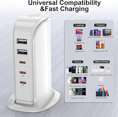 USB C Charger Block Multiport Upoy, Upgrade Charging Station with 3 Type-C PD 20W and 2 USB Ports, Desktop USB Tower Hub for Mutiple Devices, Travel/Home Power Adapter, Worldwide Compatible