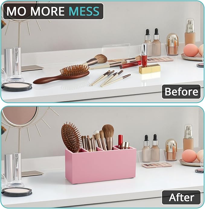 Bivvclaz Pencil Pen Holder for Desk, Wooden Office Desk Organizers and Accessories with 4 Slots for Countertop, Makeup Brush Holder Organizer for Bathroom Vanity, Silverware Caddy for Party, Pink