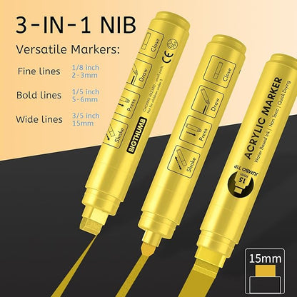 Jumbo Graffiti Poster Markers Set: 12 Metallic Colors Large 15mm Wide Tip Permanent Ink Thick Acrylic Paint Pens for Rock Painting, Stone, Glass, Wood, Ceramic, Metal, Plastic, Fabric