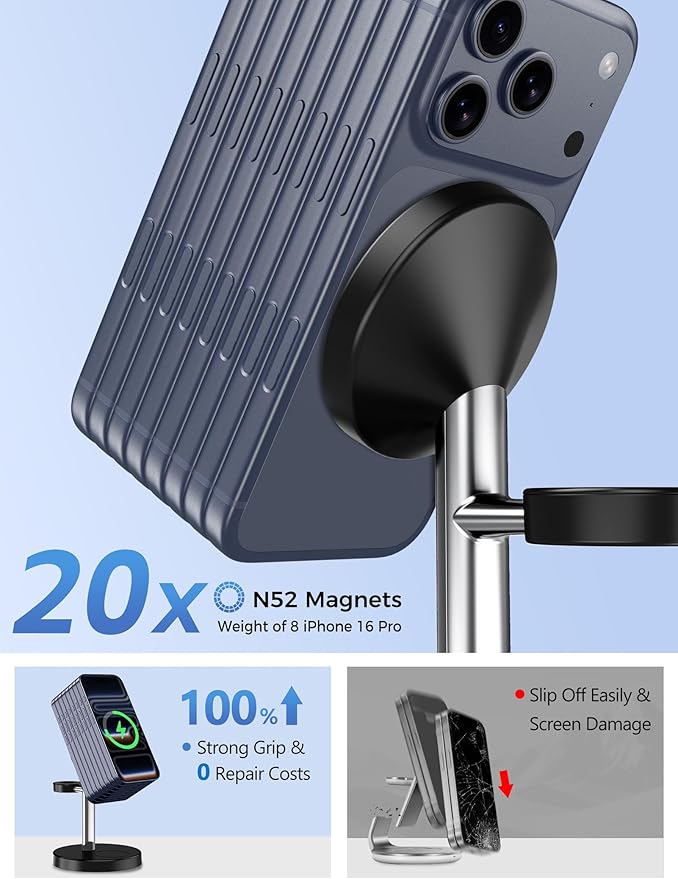 2026 3 in 1 Wireless Charging Station Compatible with MagSafe, 15W Fast Magnetic Mag-Safe Charger Stand for Apple iPhone 17 16 15 14 13 12 Series iWatch AirPods Pro 4 3 2, SilverBlack