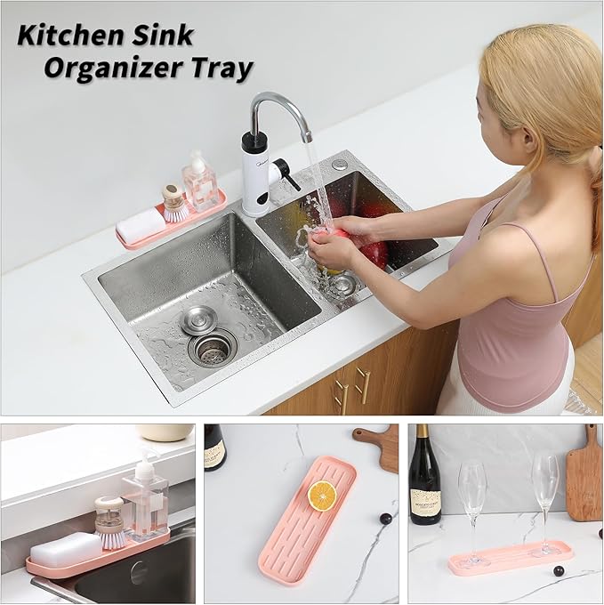 Silicone Kitchen Sink Organizer Tray for Multiple Usage,Easy Clean,Eco-Friendly Sponges Holder for Kitchen Bathroom Counter or Sink,Dish Soap Dispenser,Scrubber,Bottle,Cup Pink 12" x 4”