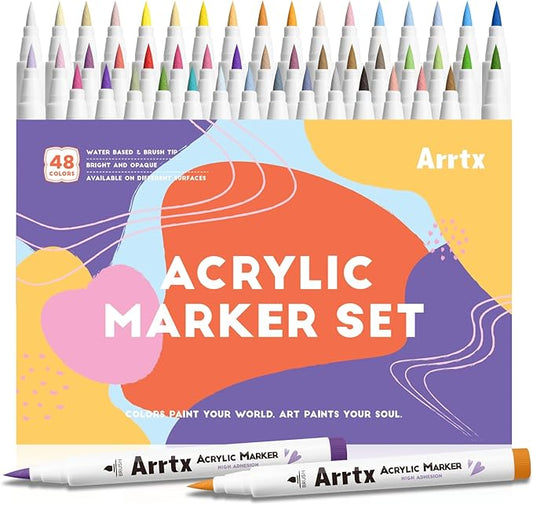 Arrtx Acrylic Markers Basic Series 48 Colors,Brush Tip Acrylic Paint Pens for Rock Painting,Glass,Stone,Wood,Ceramic,Fabric,DIY Crafts & Art Supplies