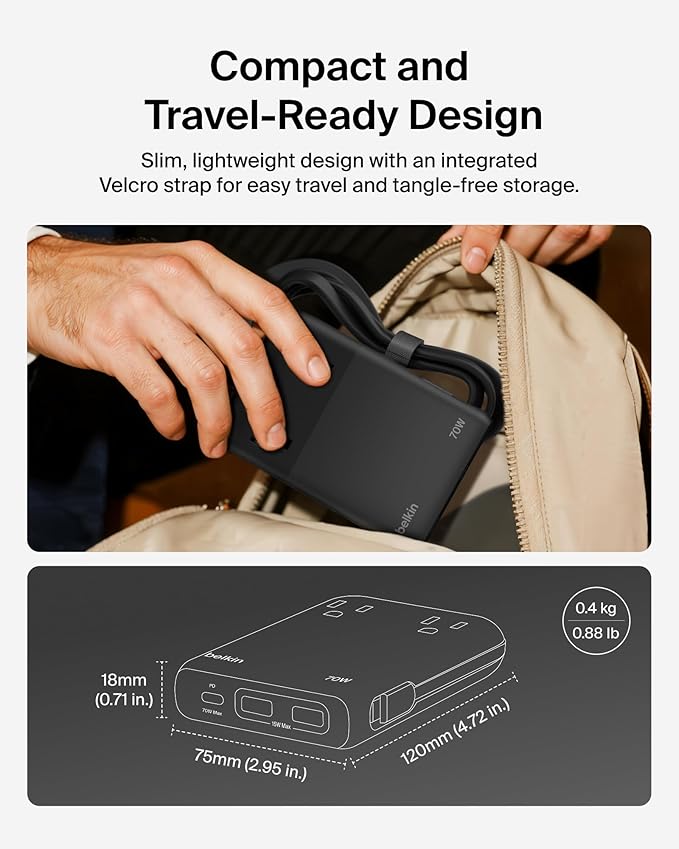 Belkin GaN Charging Station 70W, 6-in-1 USB C Charger w/ 2X AC Outlets, 2X USB A Ports, Integrated USB C Cable - Power Strip for iPhone, Apple Watch, iPad, MacBook, Chromebook, Galaxy, Pixel, & More