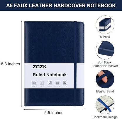 ZCZN 6 Pack Lined Journal Notebooks, 192 Pages A5 Hardcover Leather Journals for Work,Writing,School & Travel, College Ruled Journaling Notebooks for Notes Taking,Diary Journal (Black+Brown+Blue)*2
