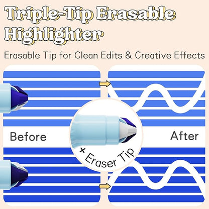 3-in-1 Highlighter Marker Set, 6 Pens with 2 Highlighter Tips & 1 Erasable Tip, Quick-Dry No-Bleed Ink, Multi-Color Markers for Note-Taking, Journaling, Studying & Planner Decoration