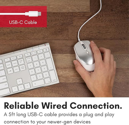 Macally USB C Mouse for Mac - Sculpted for Comfort - Wired Type C for MacBook Pro Air|iPad|PC|iOS|Android - Plug and Play USBC Apple with Ambidextrous Body and 4 DPI Modes - Silver