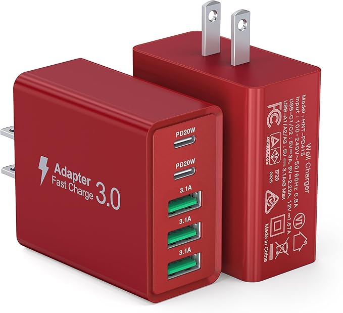 USB C Wall Charger Block, 2Pack 60W USB C Charger 5-Port PD Fast Charging Blocks,QC 3.0 USB A Multiport Plug,Type C Power Adapter Brick Cube for iPhone 17/16/15/14/13/Pro,Samsung,for Switch/Pixel（Red）