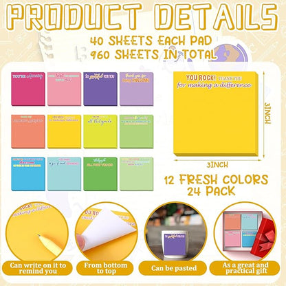 Yinder 24 Pcs Employee Appreciation Sticky Notes Xmas Gift Bulk Motivation Note Pads Mini Inspirational Note Gift for Teacher Nurse Staff Coworker Office Supply 3 x 3'' (Appreciation,Multicolor)