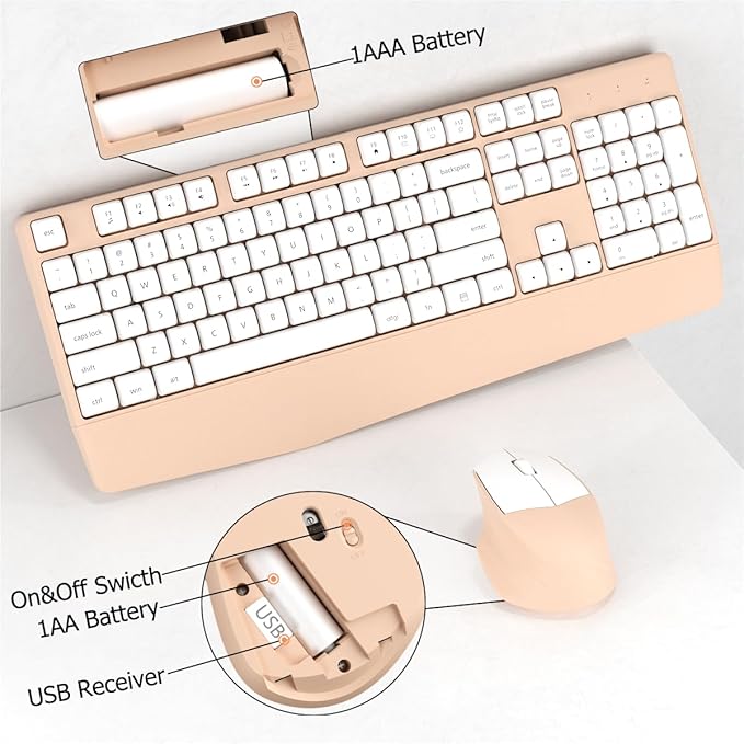 Wireless Keyboard and Mouse Combo, Ergonomic Keyboard with Wrist Rest and Mouse, 2.4Ghz Wireless Connection, Compatible with PC/Laptop/Windows/Mac for Home and Office Use (White Milk Tea)