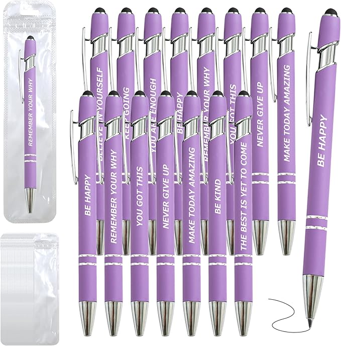 60 Piece Inspirational Pens Kit with Stylus Tip & Sayings – 30 Motivational Pen + 30 Individual Bags – Uplifting Quote & Positive Ideas – For Teachers, Office, School, Meetings, Team Events(Purple)