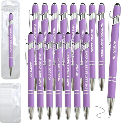 60 Piece Inspirational Pens Kit with Stylus Tip & Sayings – 30 Motivational Pen + 30 Individual Bags – Uplifting Quote & Positive Ideas – For Teachers, Office, School, Meetings, Team Events(Purple)