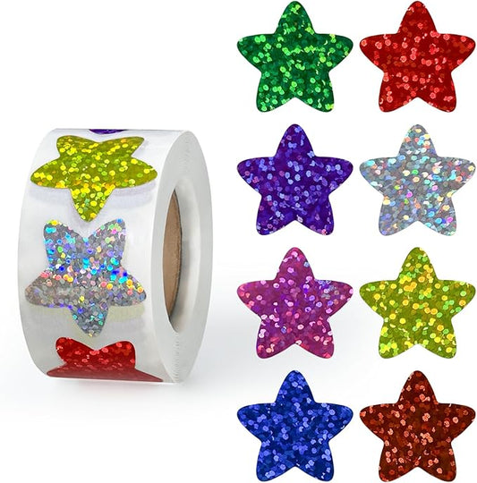 500PCS Multi-Color Star Stickers for Kids Reward, 1 inch Foil Shiny Glitter Star Stickers for DIY, Crafts, Birthday Party, Envelope Seal, School and Classroom Teacher Supplies, 8 Colors