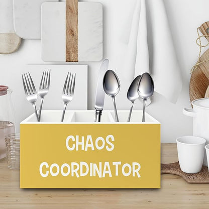 Chaos Coordinator Yellow Pen Pencil Holder Organizer for Desk, Thank You Gifts for Women Men Coworkers Boss Leader Manager, Appreciation Gifts Wooden Box Sign for Office Tabletop Decorations