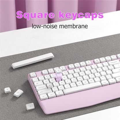 Wireless Keyboard and Mouse Combo, Ergonomic Keyboard with Wrist Rest and Mouse, 2.4Ghz Wireless Connection, Compatible with PC/Laptop/Windows/Mac for Home and Office Use (White Pink)