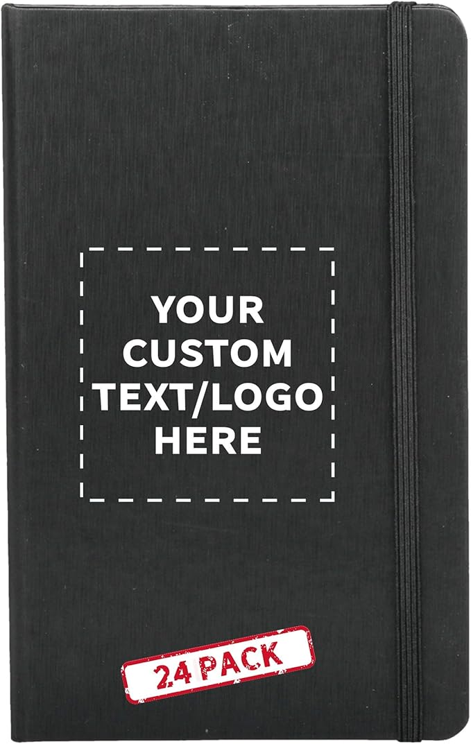 DISCOUNT PROMOS Custom Hardcover Notebook Journals with Elastic Colored Band Set of 24, Personalized Bulk Pack - Perfect for School, Office, Home - Black