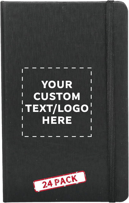 DISCOUNT PROMOS Custom Hardcover Notebook Journals with Elastic Colored Band Set of 24, Personalized Bulk Pack - Perfect for School, Office, Home - Black