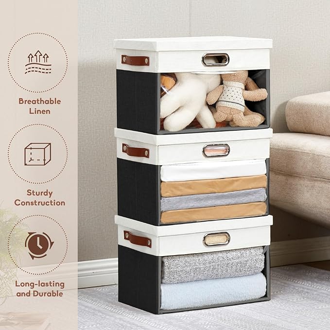 Fabric Clear Window Storage Bins with Lid, Closet Storage Box Linen Closet Baskets with 3 Handles for Organizing Clothing, Jeans, Shelves 15''- 3 Pack (Black and White)
