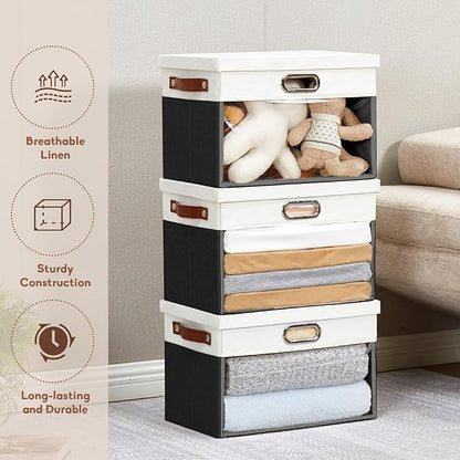 Fabric Clear Window Storage Bins with Lid, Closet Storage Box Linen Closet Baskets with 3 Handles for Organizing Clothing, Jeans, Shelves 15''- 3 Pack (Black and White)