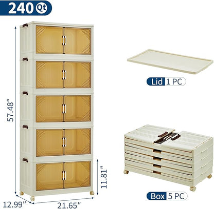 Garvee 240QT Stackable Storage Bins, Plastic Bins for Storage with Lids, Plastic Storages Drawers with Magnetic Doors & Wheels, Foldable Collapsible Closet Organizers for Home, Dorm, Office, White