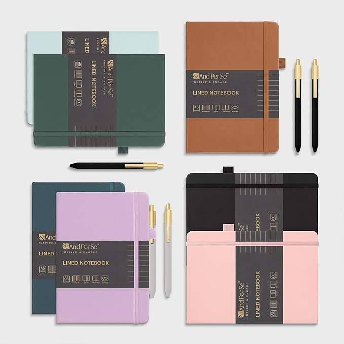 &And Per Se Lined Journal and Pen Set (3 packs), A5 Leather Journal Stationery Set, 160 Pages 100GSM Thick Paper, Notebook Gift Set (Pink)