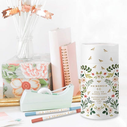 Primrosia 60 Dual Tip Marker Pens, Fineliner and Watercolor Brush Pens for Art Sketching Illustration Calligraphy Permanent Highlighter Bullet Journal Drawing Coloring