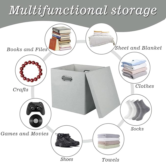 Storage Bins with Lids, Collapsible Linen Fabric Boxes Organizer Containers with Lid Foldable Storage Box Basket for Closet, Shelves, Home, Office, 12 x 12 x 12.4 Inch, 4 Pack, Gray