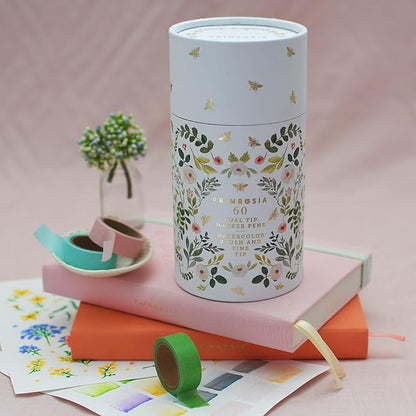 Primrosia 60 Dual Tip Marker Pens, Fineliner and Watercolor Brush Pens for Art Sketching Illustration Calligraphy Permanent Highlighter Bullet Journal Drawing Coloring