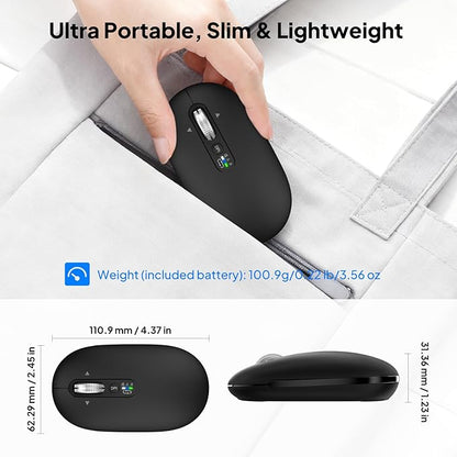 Multi-Device Bluetooth Mouse (BT1/BT2 + 2.4G), Small Slim Travel Mouse, 4-Way Metal Scroll Wheel, Silent Click, 4-Levels Adjustable DPI, for Laptop Tablet iPadOS Mac (Black)