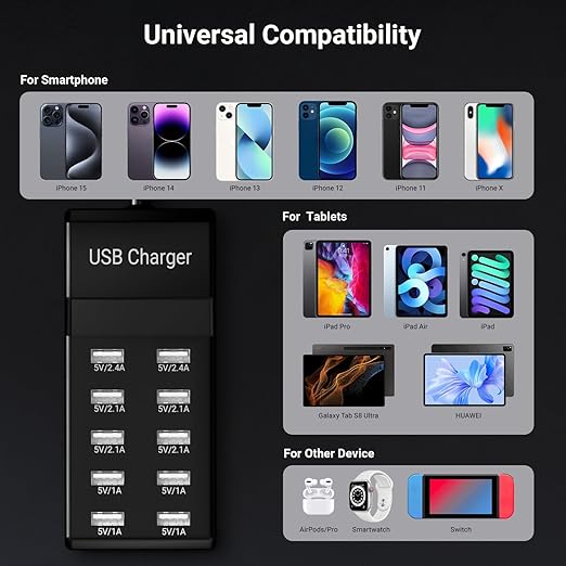 USB Charging Station 50w10A 10-Port Charger, Multiport Charger Hub, Compatible with iPhone, Galaxy, iPad Tablet, and Other Devices（Black）