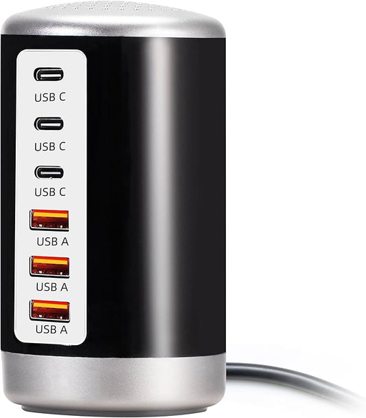 60W USB Charging Station, 6-Port (3 USB-A & 3 USB-C) Compatible with iPhone 15/14/13/12/11, Tablets, Smartphones Black