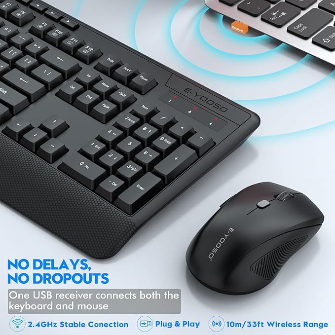 Wireless Keyboard and Mouse Combo, E-YOOSO 2.4GHz Full Sized Ergonomic Wireless Keyboard with Wrist Rest, 3 DPI Adjustable and 6 Buttons Cordless USB Mouse for Computer, Laptop, PC, Windows (Black)