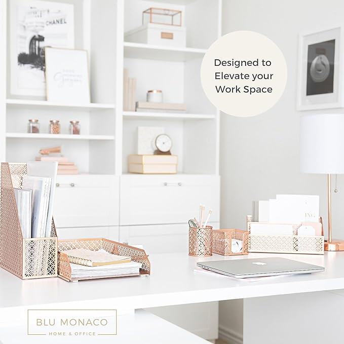 BLU MONACO Rose Gold Desk Organizer Set – 6-Piece Desk Accessories for Mail, Sticky Notes, Pens, Magazines & Documents