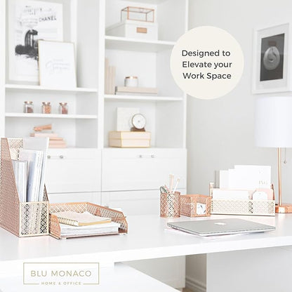 BLU MONACO Rose Gold Desk Organizer Set – 6-Piece Desk Accessories for Mail, Sticky Notes, Pens, Magazines & Documents