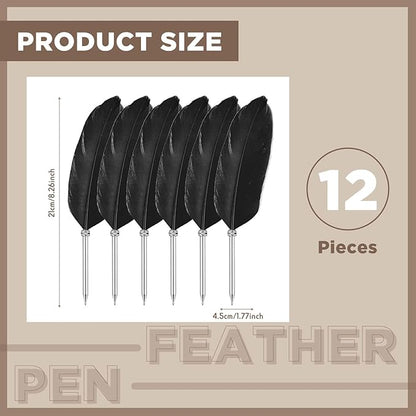 Chinco 12 Pcs Feather Ballpoint Pen Ink Quill Vintage Quills Pen Soft Fluffy Office Wedding Signature Bridal Party Supplies, 10. 6 Inches in Length(Black)