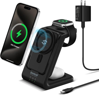 3 in 1 Wireless Charging Station: 10000mAh Removable Power Bank Charger Stand for Phone/Watch/Air Pods - Portable Magnetic Battery Pack for Air 17 16 15 14 13 12 Series