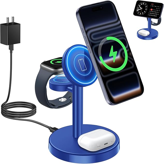 2026 3 in 1 Wireless Charging Station Compatible with MagSafe, 15W Fast Magnetic Mag-Safe Charger Stand for Apple iPhone 17 16 15 14 13 12 iWatch AirPods Pro 4 3 2, Blue