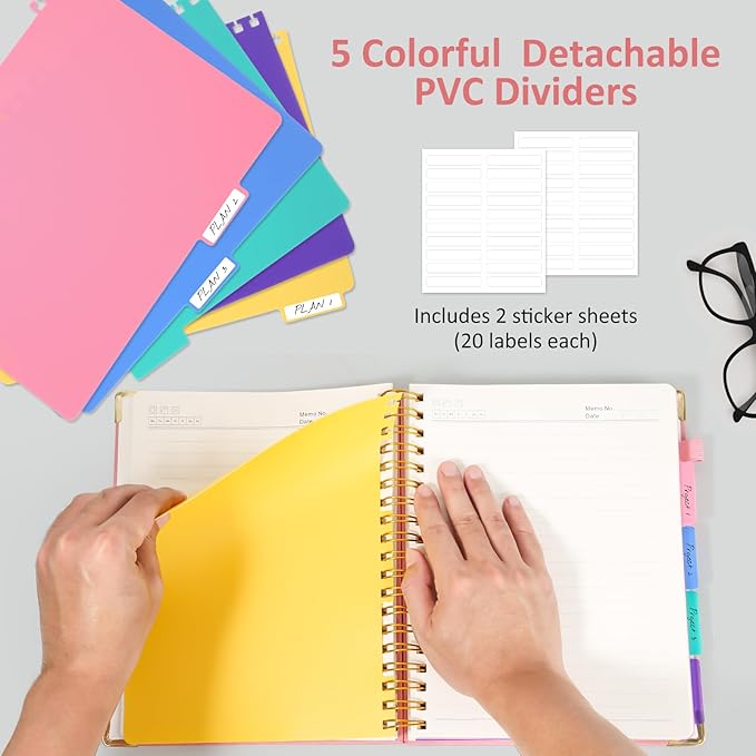 Hardcover Spiral Notebook Journal, 8"x10" Large B5 Notebooks with Removable Dividers Tabs, 300 Pages Leather 5 Subject Notebook College Ruled, Journal for Work School Note, 100 GSM Thick Paper,Pink