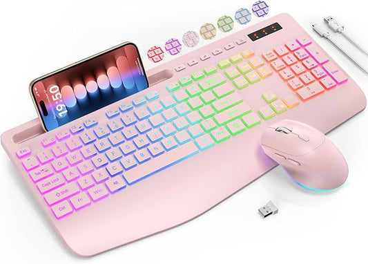 Wireless Keyboard and Mouse Combo, 9 Backlit Effects, Wrist Rest, Phone Holder, 2.4G Lag-Free Ergonomic Keyboards, Rechargeable Silent Cordless Set for Computer, Laptop, Mac, Windows -SABLUTE (Pink)