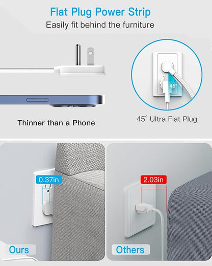 Flat Electrical Outlet Extender with USB C Ports, 4 Outlet 3 USB Wall Plug, 6 ft Thin Extension Cord, Flat Plug Power Strip Surge Protector for Home, Office. White