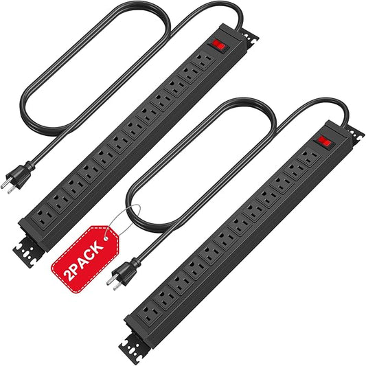 HHSOET 2 Pack Rotating Mountable Power Strip, 12 Outlet Wall Mount Surge Protector, Metal Heavy Duty and Versatile Outlet Strip, Stylish Appearance, Sturdy and Durable, 10ft Power Cord.(Black)