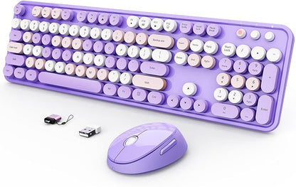 Wireless Keyboard and Mouse Combo, Ergonomic Full Size Typewriter Retro Round Keycaps Keyboard, Compatible with Windows, PC, Perfer for Home and Office Keyboards (Purple