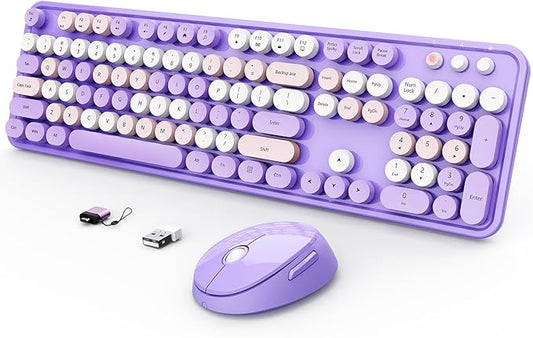 Wireless Keyboard and Mouse Combo, Ergonomic Full Size Typewriter Retro Round Keycaps Keyboard, Compatible with Windows, PC, Perfer for Home and Office Keyboards (Purple